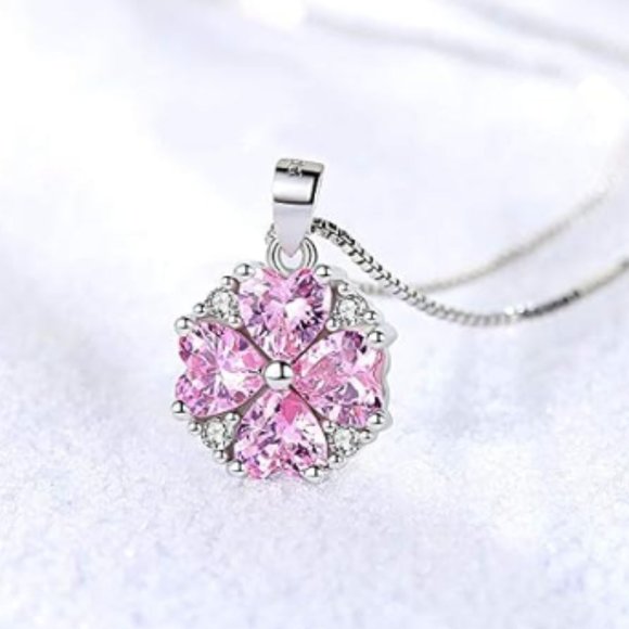 Pink Cubic Zirconia Hearts Pendant Necklace 925 Sterling Silver Fashion Jewelry - Picture 8 of 14